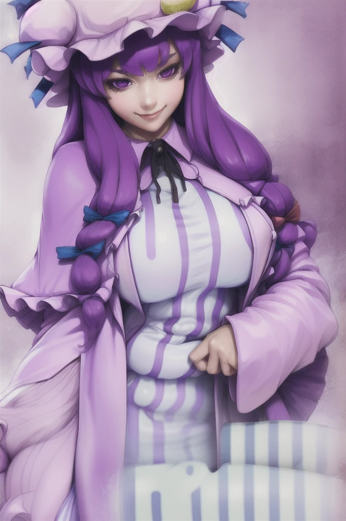 artgerm, patchouli knowledge, 1girl, dress, (purple hair, purple eyes:1), long hair, mob cap, crescent hat ornament, ribbon, dress, smile, massive breasts, chubby