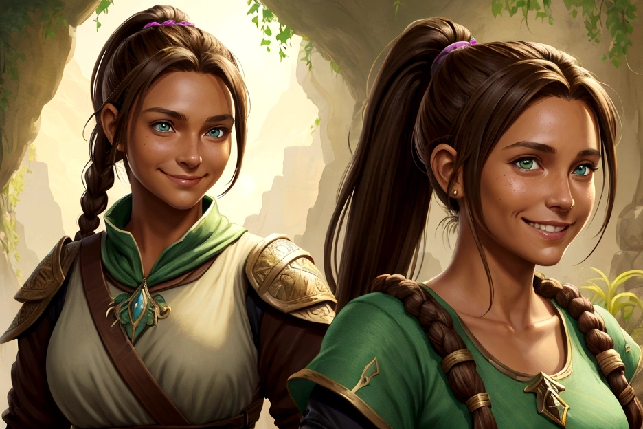 A woman of average height, with sun-tanned skin and light brown hair tied in a ponytail. Her green eyes shine with determination, and she almost always has a friendly smile on her face. She wears simple, comfortable clothes, often stained with dirt. (digital art, fantasy art, RPG art)
