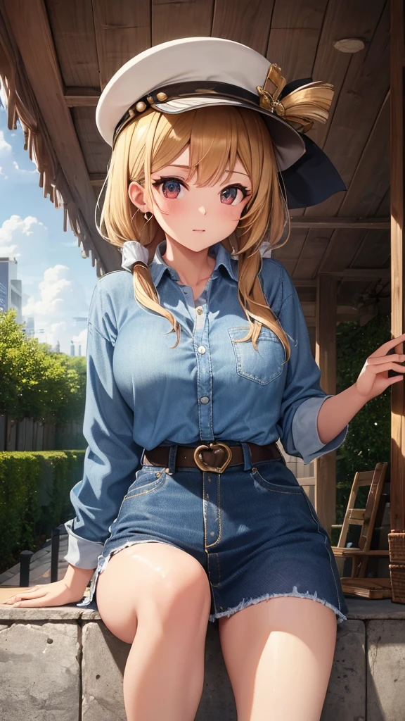 ((Highest quality)), ((masterpiece)), (detailed),
arafed woman wearing a hat and a denim shirt