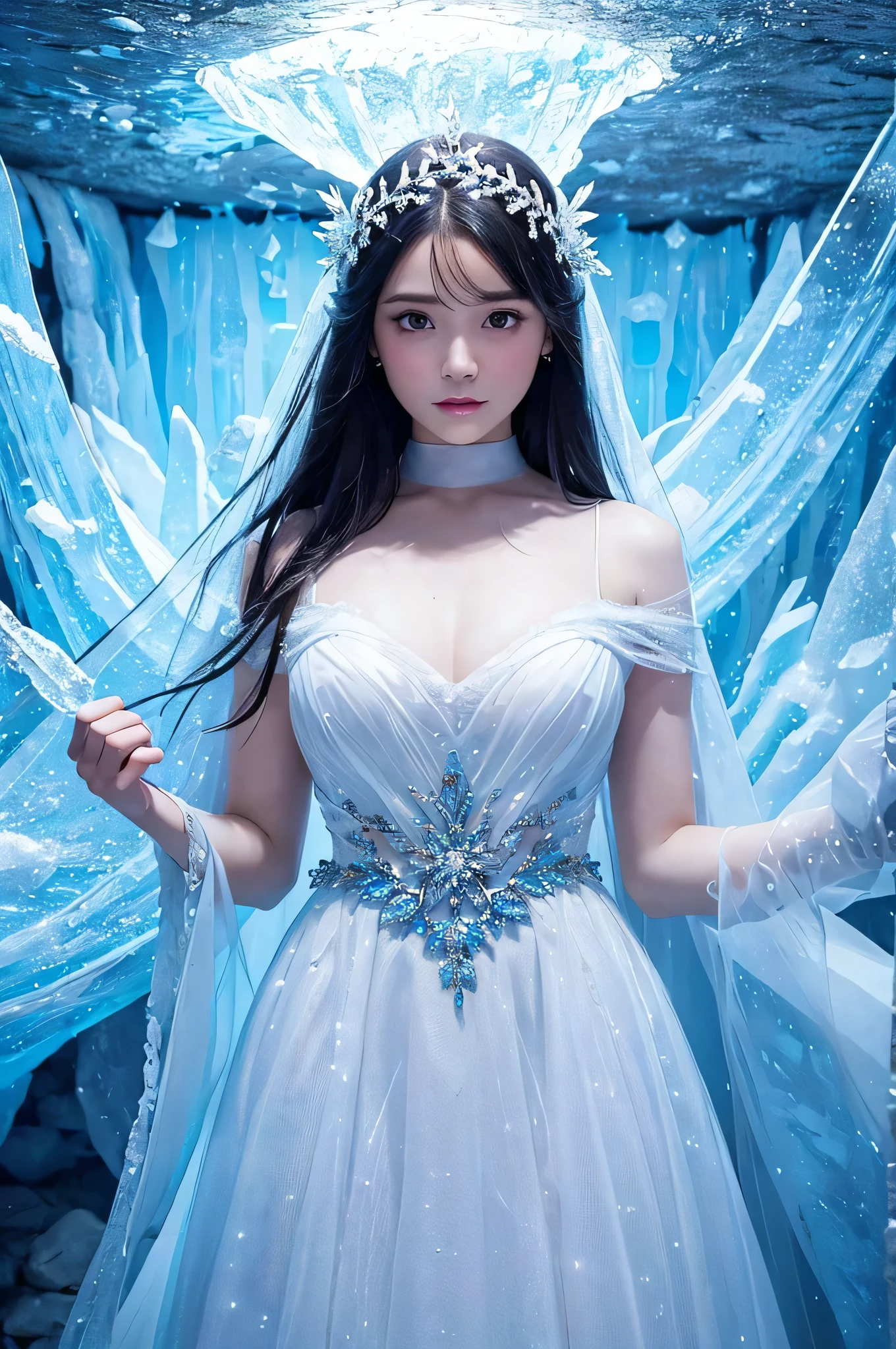 This image is、It depicts a fantastical scene of a beautiful woman standing in an ice cave.。Below is the detailed prompt for the image。

--- In the center of the image、A young woman is standing。she is wearing a white dress、The design is very delicate and elegant。The dress has lace on the shoulders、Transparent materials are used。The dress is decorated with beads and embroidery.、It reflects light and shines brightly。

Her hair is black、It has a natural wave。Her hair is decorated with ice crystals.、It gives the impression of a winter fairy.。Her expression was quiet、The slightly sad eyes are impressive.。Eyes are large、Your gentle eyes are shining。

In the background is an ice cave.。Huge icicles hang from the ceiling and walls of the cave.、The transparent ice pillars reflect the light and shine beautifully.。Fine patterns and cracks can be seen on the surface of the ice.、Natural beauty is highlighted。The whole background is filled with blue light.、It creates a cold and mysterious atmosphere.。

The use of light is very effective、The transparency of the ice and the light reflected on the woman&#39;s skin and dress are beautifully depicted.。The light hits her face softly、The expression is gently illuminated。In particular, the light reflecting off the ice icicles creates a fantastic effect.、It enhances the overall atmosphere.。

This image is、This is a work that depicts a fantastic and beautiful winter world.。The elegant figure of the woman and the mysterious background of the ice cave are perfectly combined.、It offers a highly engaging visual experience。This work is packed with fantastical and artistic elements that users love.。