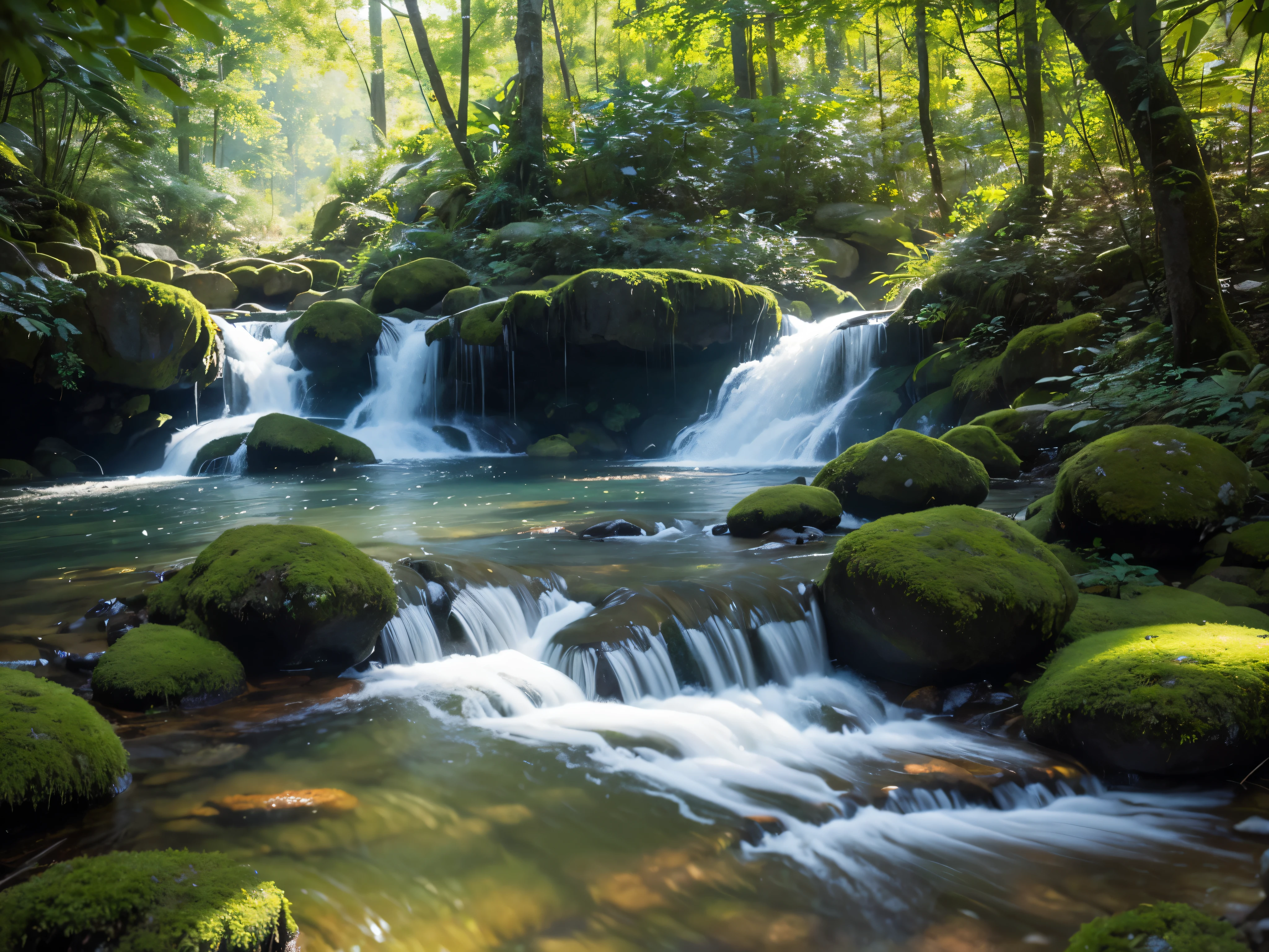 A gently flowing stream winds its way through a lush forest, the sunlight shimmering on its crystal-clear surface. This picturesque scene is captured in a stunning painting, where each leaf and rock is meticulously detailed. The vibrant greens of the foliage and the soft ripples of the water evoke a sense of tranquility and natural beauty. The artist's skillful use of color and light brings the image to life, making it truly mesmerizing.