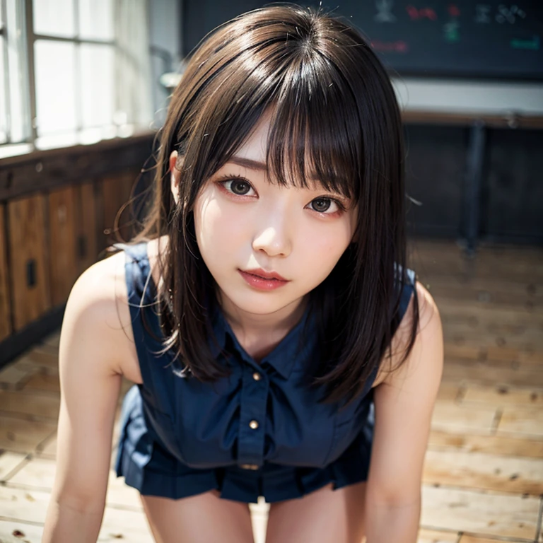 masterpiece、highest quality、super realistic、surreal、Ultra high definition、8k、Raw photo、textured skin、dark blue pleated skirt、super short skirt