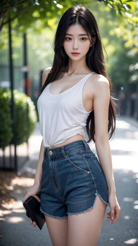 Quiet,Light makeup,Sexy,Peerless Beauty,Intellectual,clavicle,Neat long hair,Black Hair,Delicate face,Exquisite facial features,Natural expression,Natural eyes,blue sports shorts,standing