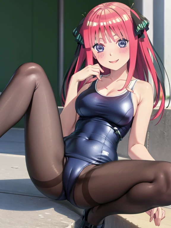 masterpiece, best quality, insanely detailed, beautiful, nino nakano, one-piece swimsuit, breasts, pantyhose, blush, smile, legs spread
