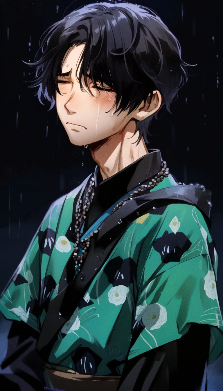 Japanese anime, beautiful boys, black hair, depressed, raining, outside, kimono, beaten up, sad, onnagata, tired, longer hair.