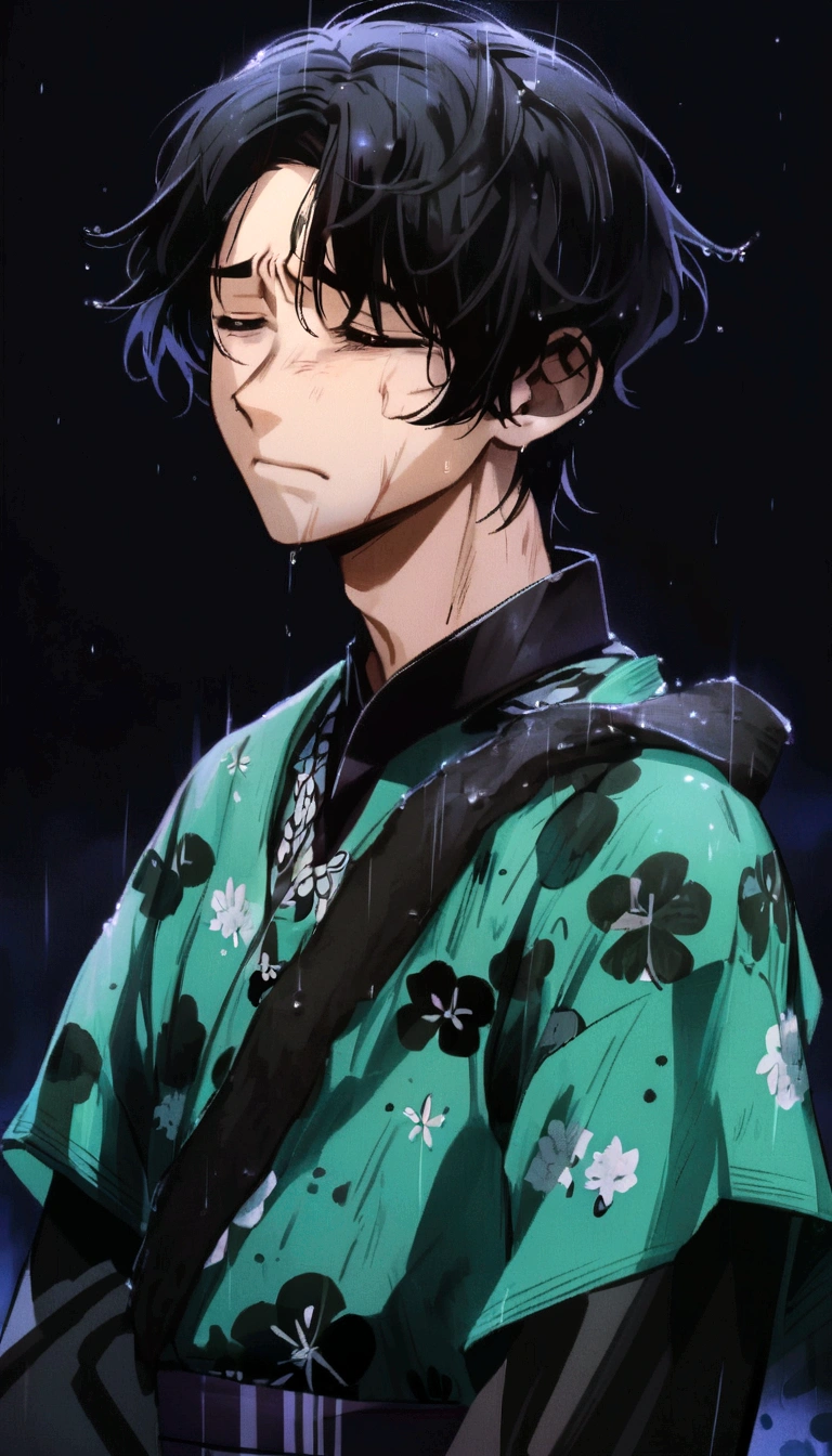 Japanese anime, beautiful boys, black hair, depressed, raining, outside, kimono, beaten up, sad, onnagata, tired, longer hair. 