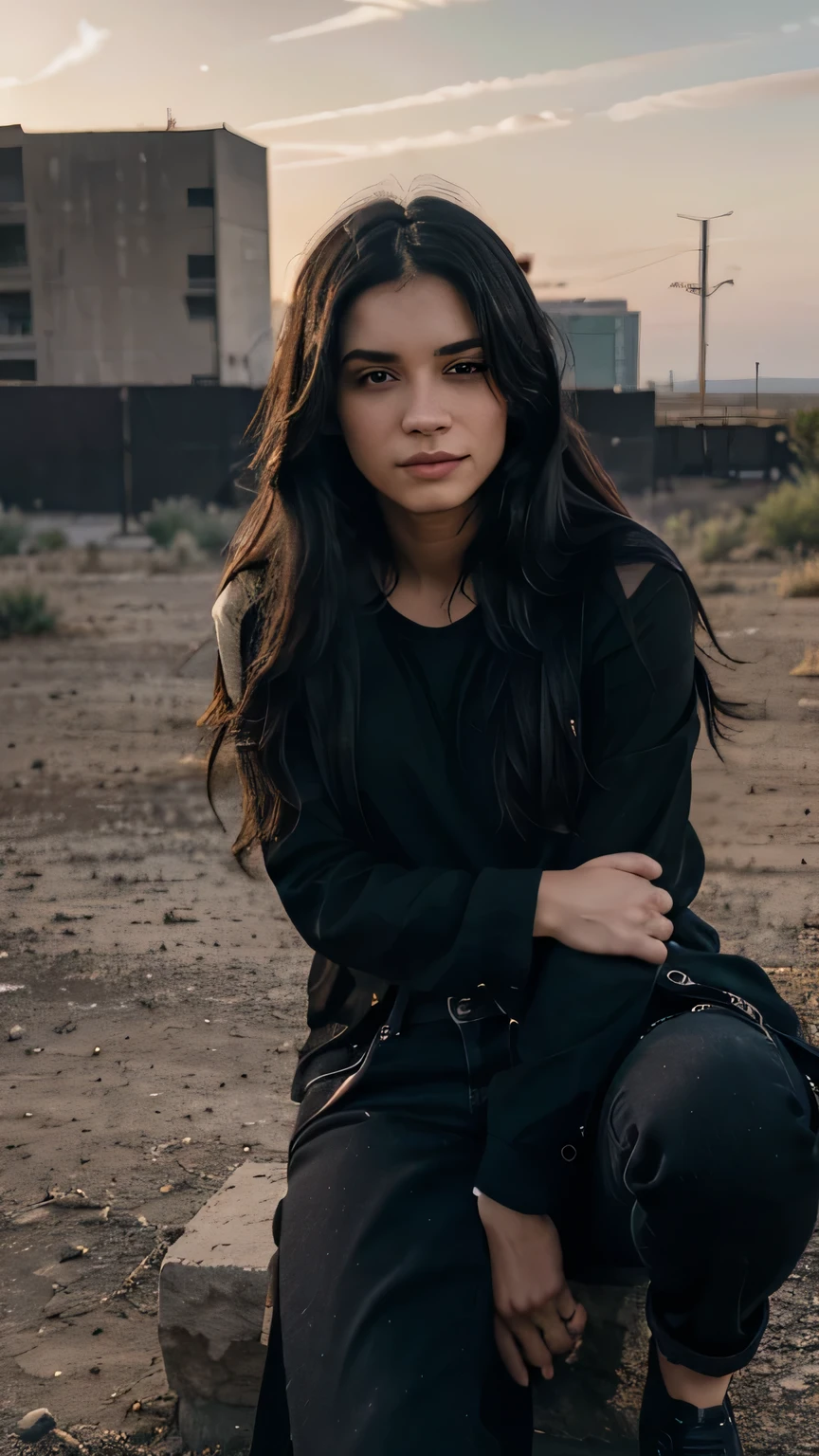 A brooding emo ager, long tousled black hair, wearing loose black pants and a loose black rocker shirt, sitting in a dirty urban park, smiling softly, with a vast desert panorama in the background, (best quality,4k,8k,highres,masterpiece:1.2),ultra-detailed,(realistic,photorealistic,photo-realistic:1.37),dark moody lighting,dramatic shadows,vibrant colors,cinematic composition,highly detailed facial features,emotive expression