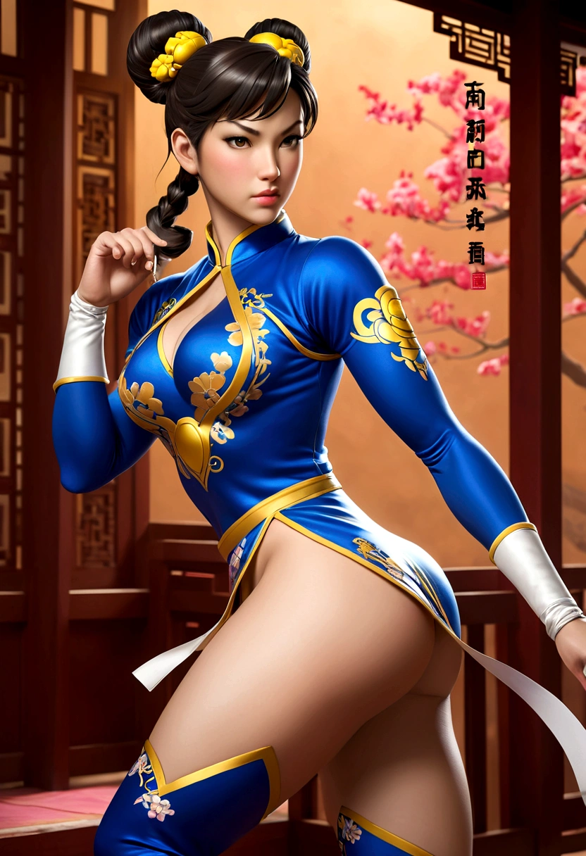 (Crie uma obra-prima hiper-realista da chun-li sexy, cinematic and photorealistic Chun-Li 14 years, Deusa da beleza, She's lovely, has well-shaped lips, your eyes are light honey color, she's very beautiful, completamente perfeita, uma super modelo). She is known for her classic and graceful beauty, muito bonita, corpo definido com curvas sensuais e pernas grossas. the iconic character from the sixth Street Fighter game. ((Capture his dynamic fighting stance and powerful kicks with his legs spread wide to kick, detalhes requintados, kung-fu, legs showing, bunda aparecendo, (MOSTRANDO Buceta, buceta perfeita aparecendo quando ela abre as pernas)). ((vestido qipao sexy modificado para mostrar as pernas e sua calcinha de renda transparente, erotic classic blue qipao costume, qipao, micro swimsuit showing pussy, qipao mostrando micro calcinha de renda rosa transparente, calcinha fio dental rosa transparente mostrando buceta, buceta saindo de qipao)) , (impressionante decote mostrando seios enormes, seios grandes naturais, peitos ultra-grandes, mamilos largos e pontiagudos , chun-li sexy quente). The image should be in high definition (16k hard drive) and rendered in stunning 8K resolution, mostrando todos os recursos e texturas intricados. ((Pay attention to the details of Chun-Li's costume, including her traditional qipao dress and her unique hairstyle, ela tem uma mecha de cabelo entre os olhos)). Use dramatic lighting to increase the intensity of the scene, emphasizing your strength and determination . This photographic request aims to immortalize Chun-Li as a true work of art, mostrando a sua beleza, o seu corpo tonificado e sensual, his grace and prowess in martial arts. ((Foco na personagem, foco no pussy e na bunda dela, close-up no rosto lindo, tiro de baixo pra cima, close-up na pussy dela, aproxime da buceta dela)). fundo preto, great lighting at night, super modelo.