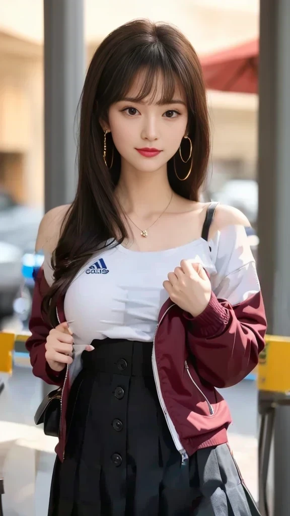 White Sweatshirt Clothes、Black Skirt、Button-colored jacket