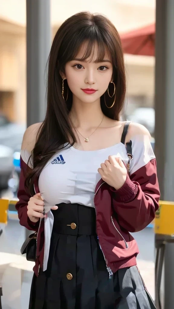 White Sweatshirt Clothes、Black Skirt、Button-colored jacket