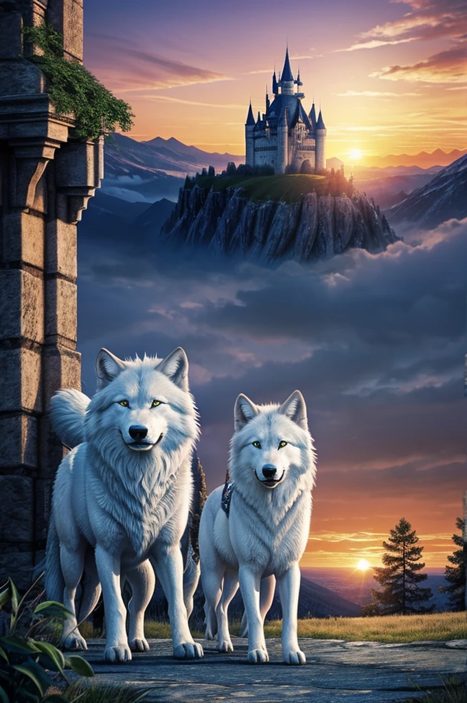 A cover for a blue book where you can see a castle, a princess and a dragon. There must also be a white wolf that seems to be heading towards that castle., let it be a time of night but you can see the sunset.