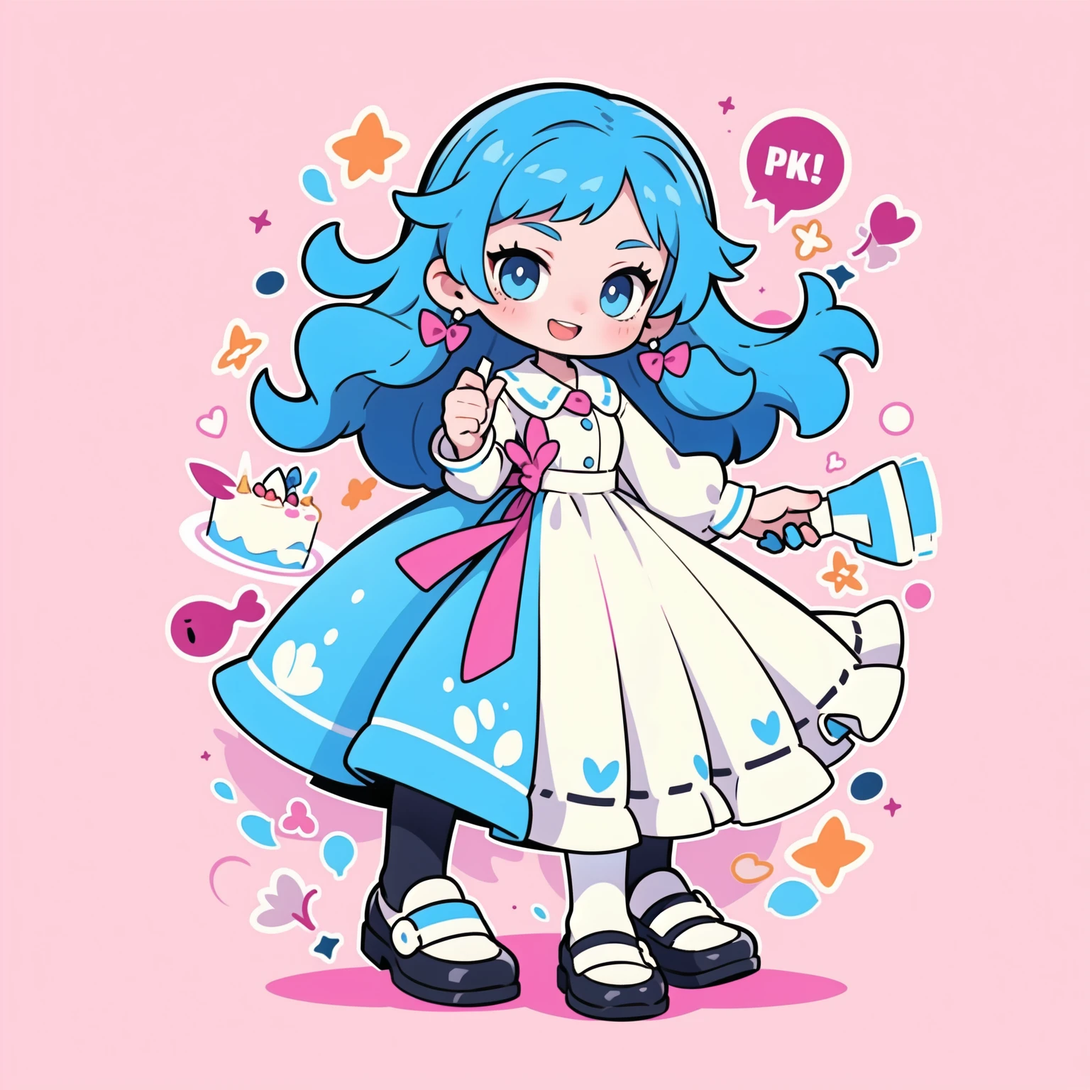 First place girl, best quality, masterpiece, Ultra-high resolution, 8K, (skirt,Small leather shoes) , soft line art, Digital enhancement, Girl comic style, Girls comics core,,  soft drawing, ((Beautiful long blue hair,Clear eyes)), (Bangs)), ((dress)),(cute),(Laughing happily)(Birthday cake in hand),(Ribbon background),Ultra-detailed digital animation art, The face is clearly depicted,  Clear facial features, Comic style, Top quality colors, You can see the angle of the feet, Pretty and beautiful: 1.5, high quality:1.3