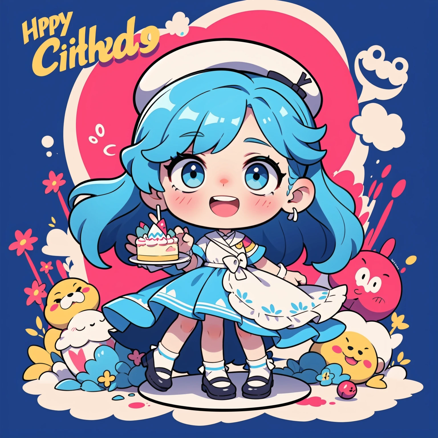 First place girl, best quality, masterpiece, Ultra-high resolution, 8K, (skirt,Small leather shoes) , soft line art, Digital enhancement, Girl comic style, Girls comics core,, soft drawing, ((Beautiful long blue hair,Clear eyes)), (Bangs)), ((dress)),(cute),(Laughing happily)(Birthday cake in hand),(Ribbon background),Ultra-detailed digital animation art, The face is clearly depicted, Clear facial features, Comic style, Top quality colors, You can see the angle of the feet, Pretty and beautiful: 1.5, high quality:1.3