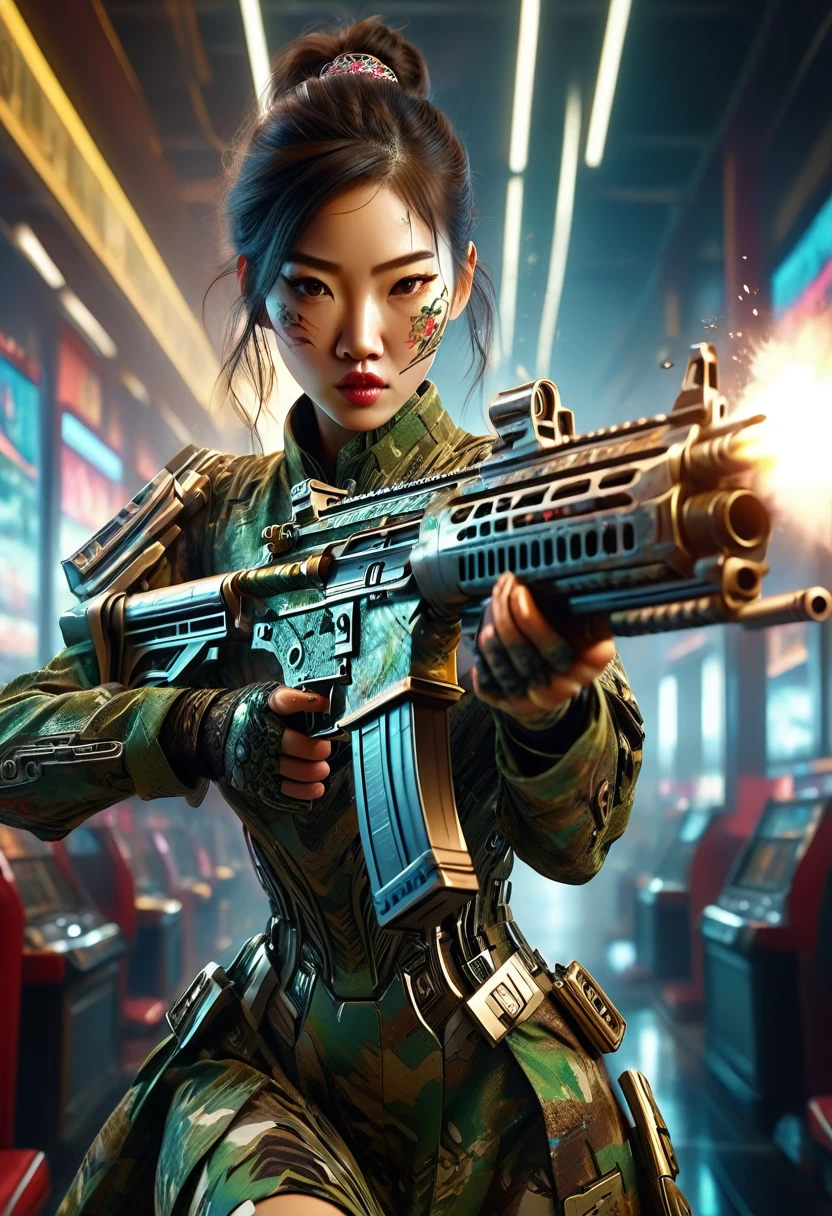 Cyborg woman in camouflage Chinese dress, (right arm transforms into a machine gun and fires at high speed: 1.7), (Motion Blur Effect: 1.5), Casino interior is in chaos, frenzy and destruction, (Highest Quality, 4k, 8k, High Resolution, Masterpiece: 1.2), Ultra-detailed, (Realistic, Photorealistic, Photorealistic: 1.37), Detailed facial features, Intricate dress pattern, Impressive pose, Dramatic lighting, Cinematic composition, Vibrant colors, Dystopian atmosphere