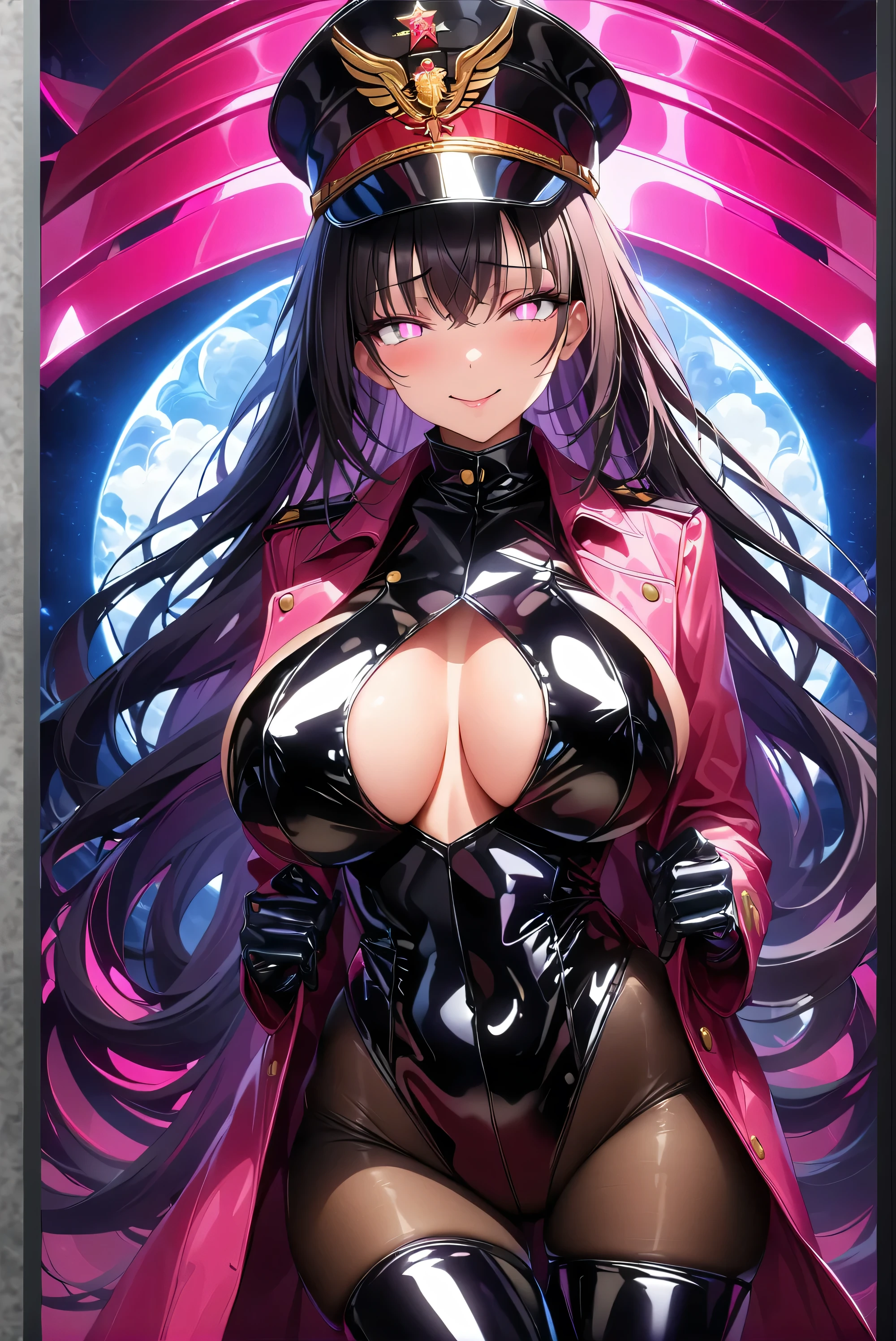 masterpiece, best quality, 1girl,black hair,long hair,glowing eyes, (finely detailed empty pupils and detailed face),,bust shot,,extremely detailed picture unity 8k wallpaper,solo,(latex military costume:0.9),large breasts,seductive smile,military hat,latex thighhigh,large breasts,black hair,pink eyes,black leotard,pantyhose,military coat,enamel suits,grossy lips,
