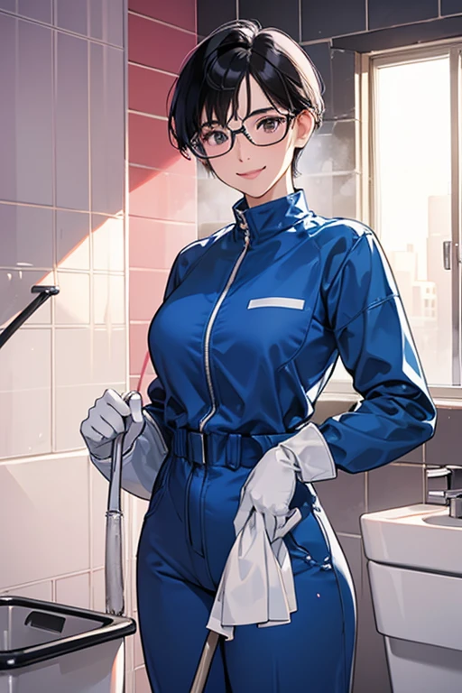 Wearing large pink rubber gloves and white rubber boots、A short-haired girl with black hair, glasses and a blue long-sleeved jumpsuit smiling gently while cleaning the dirty public toilets at her school