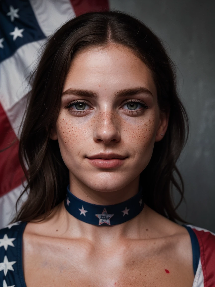 photo, rule of thirds, dramatic lighting, medium hair, detailed face, detailed nose, Woman with American flag painted on her face (Independence Day), freckles, collar or choker, perfect detailed hand, smile, tattoo, complex background, realism , realistic, rough, analog, woman, portrait, photorealistic, analog, realism, independence day photo background