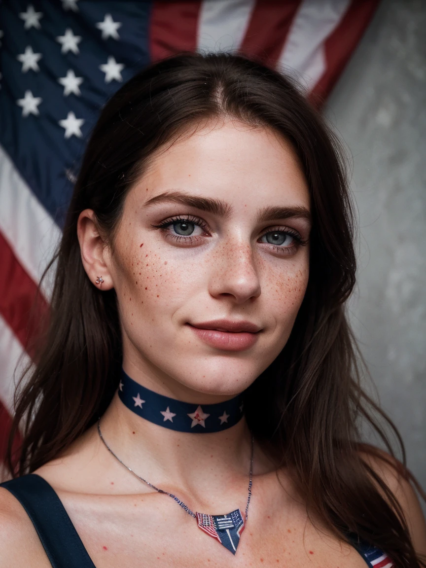 photo, rule of thirds, dramatic lighting, medium hair, detailed face, detailed nose, Woman with American flag painted on her face (Independence Day), freckles, collar or choker, perfect detailed hand, smile, tattoo, complex background, realism , realistic, rough, analog, woman, portrait, photorealistic, analog, realism, independence day photo background