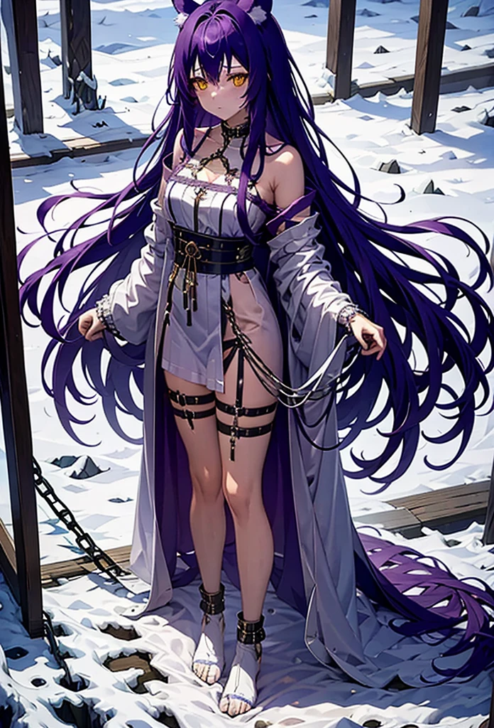 fenrir, purple hair, ears wolf, white dress, chained, standing, yellow eyes, tattered clothes, golden chain, long hair, 