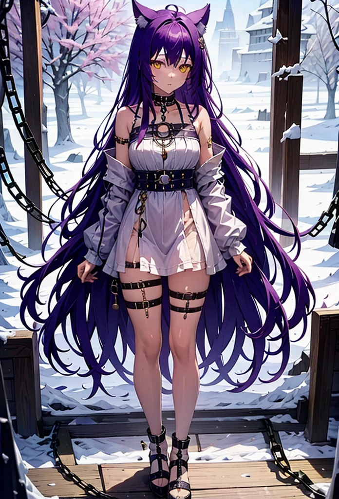 fenrir, purple hair, ears wolf, white dress, chained, standing, yellow eyes, tattered clothes, golden chain, long hair, 