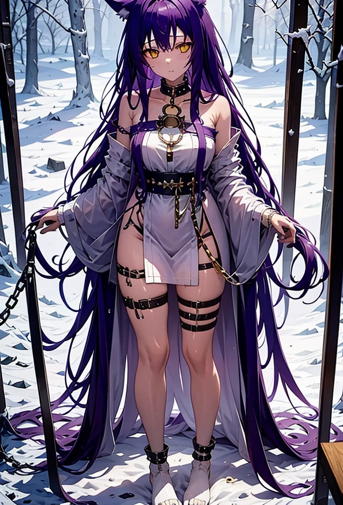 fenrir, purple hair, ears wolf, white dress, chained, standing, yellow eyes, tattered clothes, golden chain, long hair, 