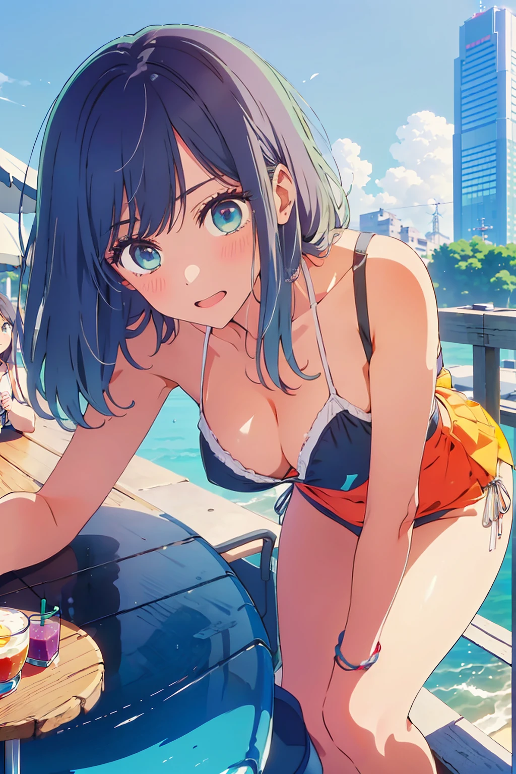 (Highest quality:1.4、8K:1.4、detailed)、F cup bust、Big Breasts、Slim body、Very white beautiful skin、((((1 person、Surprised expression、sit、Chair、In the background are the urban buildings of Tokyo、looking at the camera、Outdoor café terrace、coastal、Navy hair color、juice、White side string high leg bikini、Shooting up close、Leaning forward、table、Very cute face))))、(Waving:1.4)、Very blue sky、A completely cloudless sky