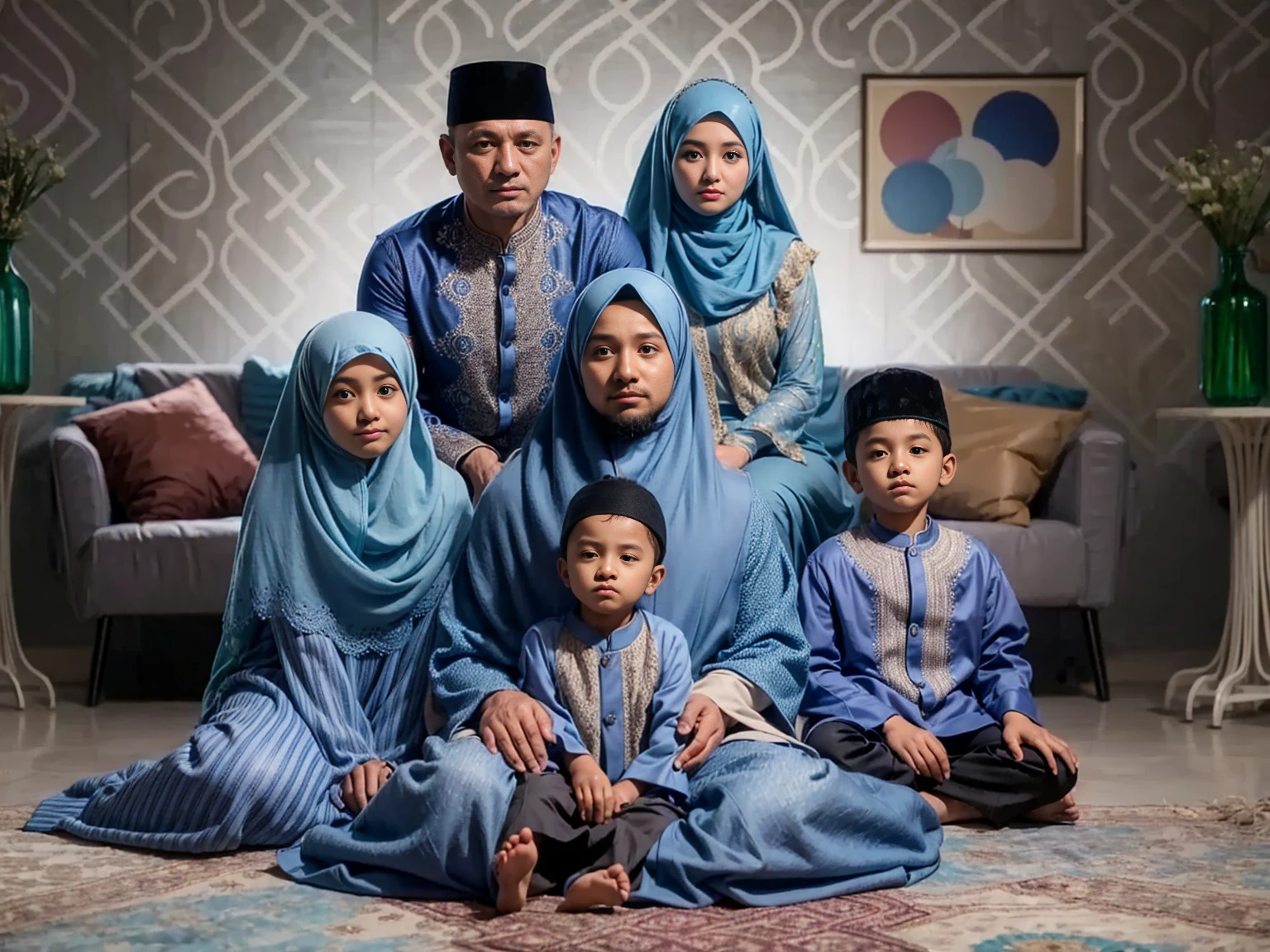 Studio Photography, close up, 5 peoples, Indonesian couple aged 38 sits on a recliner chair, a man wearing cap and woman wearing long compliant pashmina hijab holding one aged 4, sits in front of them underneath carpets there's a girl aged 16 and 12 wearing hijab, and a little boy aged 6, all wearing exclusive blue sky muslim clothes and blue sky gamis Islamic sharia dress with long compliant sharia hijab, set in a studio with modern abstract patterned walls, warm hug pose, green flower vases, side tables, fresh color, 8k, photography, UHD.