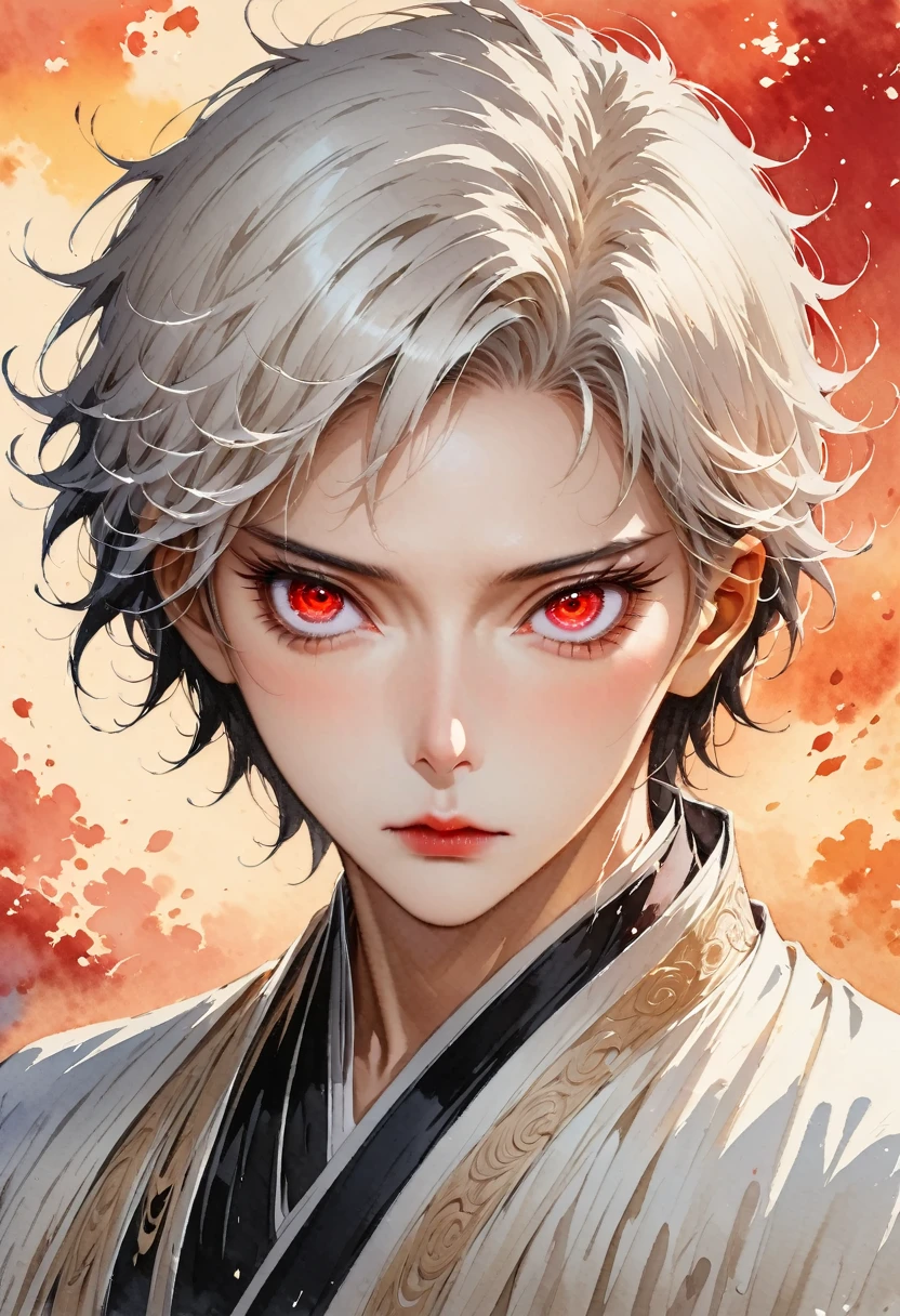 (masterpiece:1.2, best quality), (beautiful eyes in detail: 1.2), ((1st son)), (red eyes:1.4), (Detailed eyes and detailed face:1.3), ((boy with short white hair)), (Beautiful and vivid background:1.2), (very detailed cg, very detailed, best shadow:1.1), ((depth of field)), ((Watercolor)), beautiful concept illustration, (orange background:0.5), (illustration:1.1), (Very nice and beautiful:1.1), (perfect details:1.1), in front, cowboy shot, sight