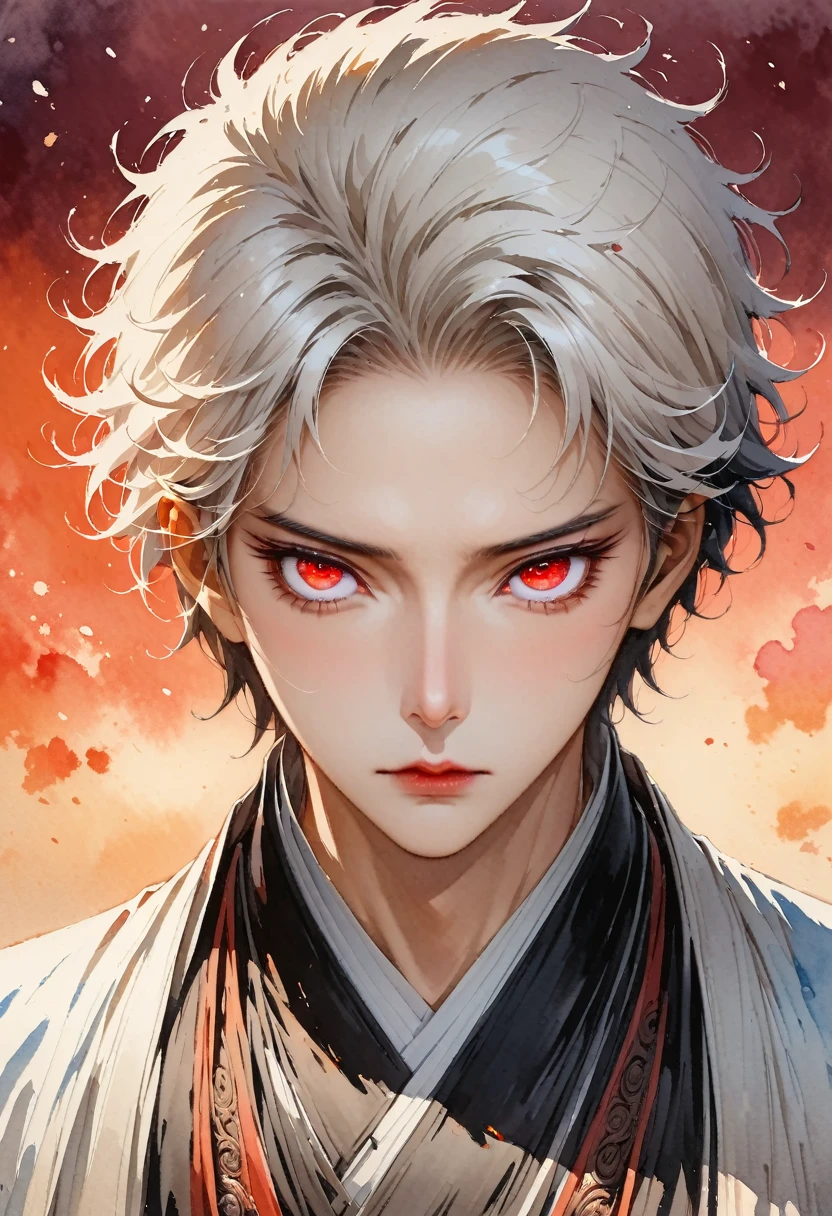 (masterpiece:1.2, best quality), (beautiful eyes in detail: 1.2), ((1st son)), (red eyes:1.4), (Detailed eyes and detailed face:1.3), ((boy with short white hair)), (Beautiful and vivid background:1.2), (very detailed cg, very detailed, best shadow:1.1), ((depth of field)), ((Watercolor)), beautiful concept illustration, (orange background:0.5), (illustration:1.1), (Very nice and beautiful:1.1), (perfect details:1.1), in front, cowboy shot, sight 