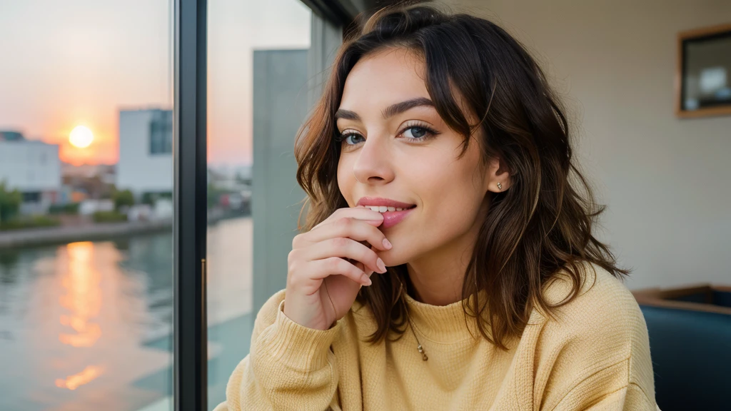 Cute beautiful blonde with yellow sweater (Drinking coffee in a modern café at sunset), muito detalhado, ars old, innocent face, naturally wavy hair, blue eyes, high-res, masterpiece, best qulaity, Intricate detailing, muito detalhado, sharp focus, detailed skin, realistie Hauttextur, Textur, detailled eyes, professional, 4K, charming smile, taken with Canon, 85 mm, light depth of field, Kodak Vision Color, perfectly fitting body, extremely detail, photoshot_\(ultra\), fotorealisti, realisti, Post processing, maximum details, roughness, real life, ultrarealisti, photoshotrealismus, photoshotgrafie, 8K UHD, photoshotgrafie