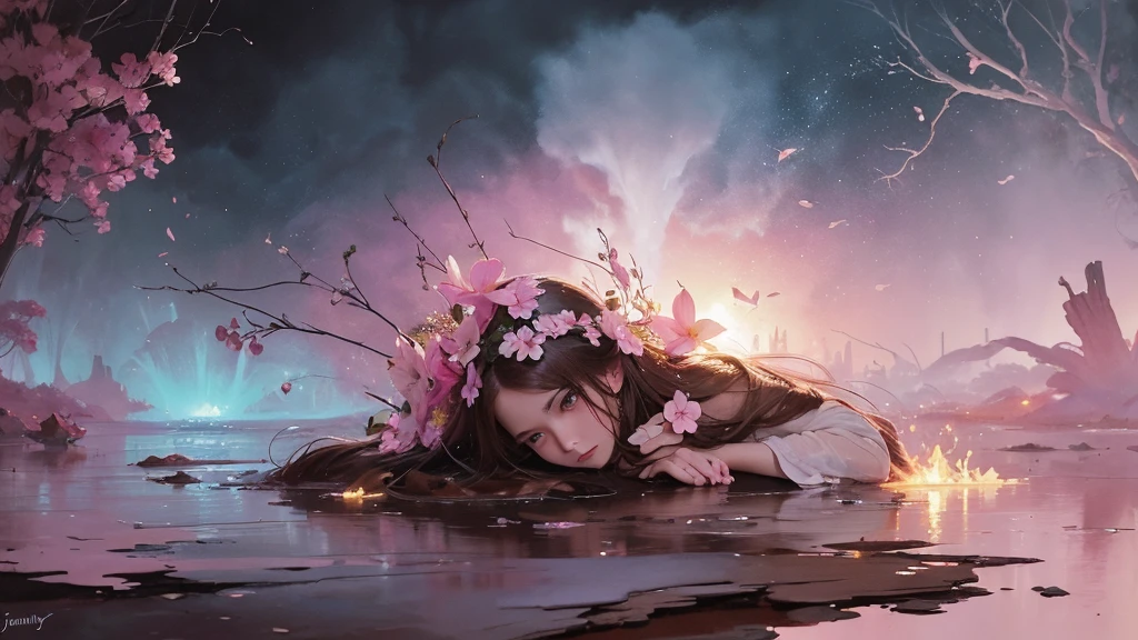32k, Masterpiece, Highest quality, One girl, Detailed eyes, flower,Sandersonia, Pink and brown style,A dreamy, romantic piece,Pale pink, Mysterious Leaves,A playful arrangement,Fantasy,High Contrast,Ink strokes,explosion,Exposure, Impression of pink and brown tones,Abstract,((Watercolours by John Berkey and Jeremy Mann )) Brush strokes,Negative Space, Tyndall effect,