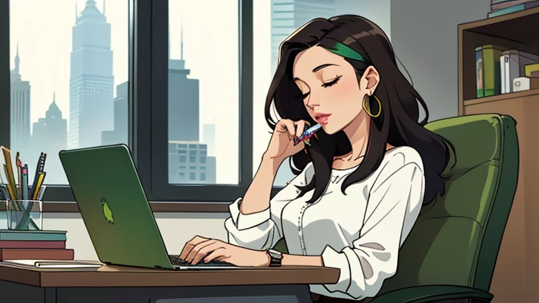 Beautiful dark-haired woman in her 30s sitting green chair in an spacious and colorful office. looking down and closing her eyes, relaxed atmosphere, cozy, LOFI girl, alone in the room, white blouse, desk, documents, laptop, pen, watch, smartphone, stationery, wide glass window, only five fingers, New York, colorful, well-proportioned face, I can see skyscrapers outside the window, colorful, pierced earrings, She is fashionable, ring, cabinet, In the background there are many desks and people