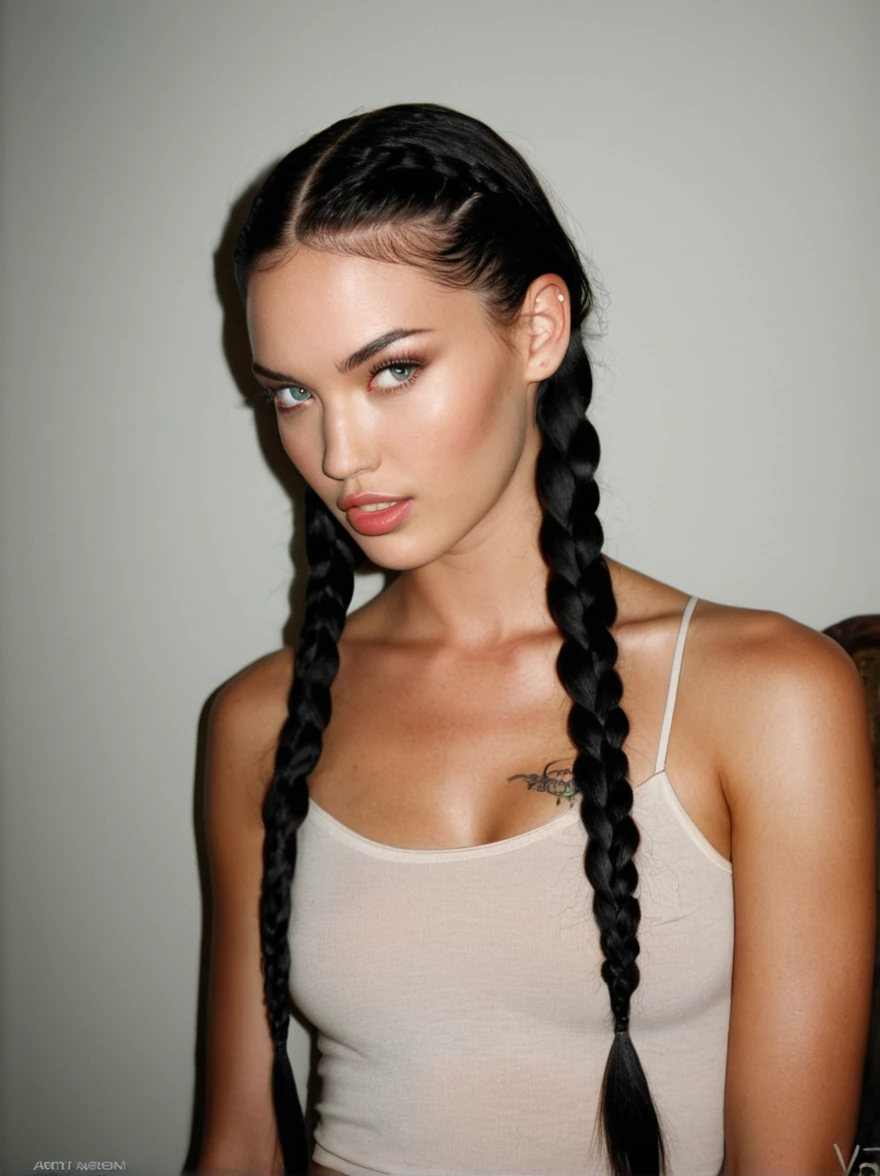a realistic photo of a [ really beautiful exotic androgynous supermodel 19 year old woman] , with [long, dark hair in sleek braids] , looks like [Megan FOX] and [Adriana Lima], light makeup, looking [innocent, cute, flushed] , [light] skin --ar 9:16 --stylize 750 --v 6