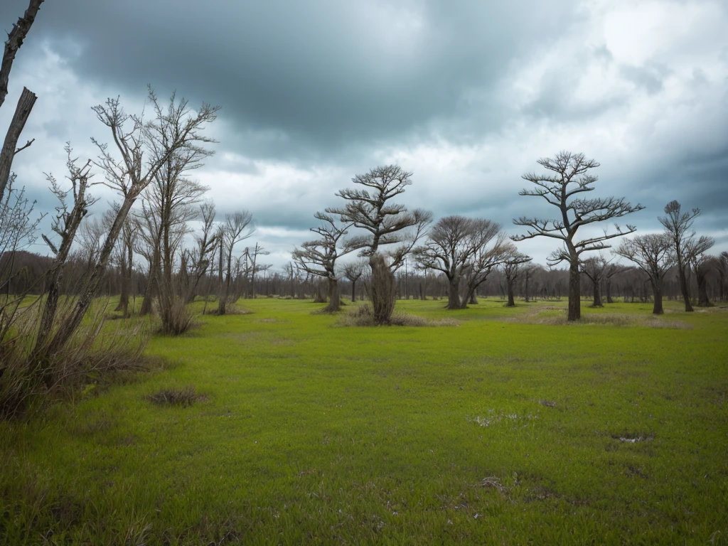 Swamp　Dead trees and grass growing　Cloudy　Nobody is here　Japan