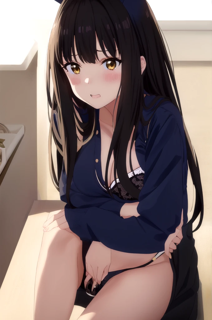 Bunny girl、whole body、Black Hair、、Blushing、、A look of contempt、Bunny costume、bra、