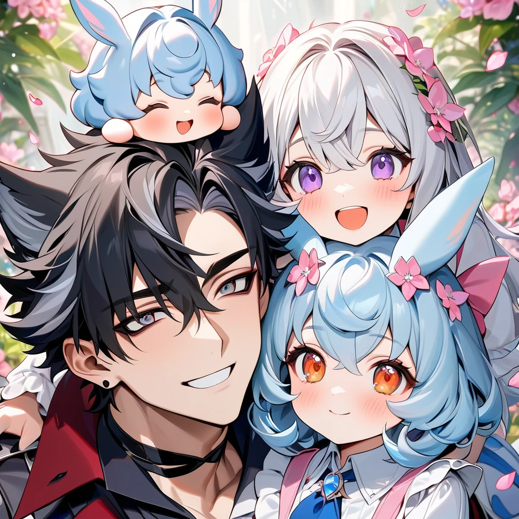 (absurdres, highres, ultra detailed, HDR) master piece, best quality, perfect face, Wriothesley, black hair, expressive gray eyes, genshin impact, happy, Sigewinne, blue hair, expressive orange eyes, Neuvillette, white hair, expressive purple eyes, two handsome men together with a girl, family of three, pink flowers, glass pink petals, glass pink butterflies, glass garden, glass blossoms, everything made with glass