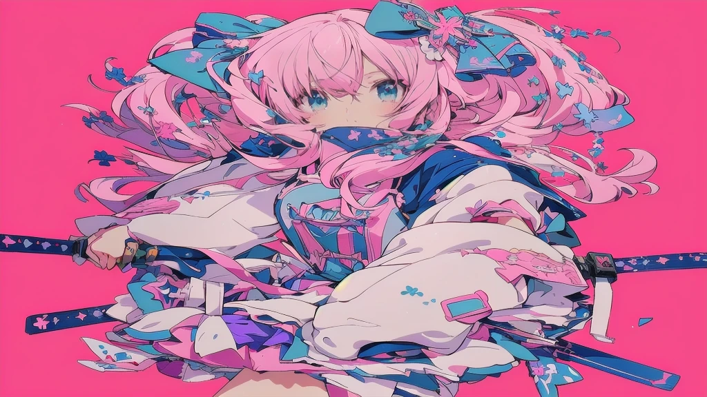 Anime girl with pink hair and blue eyes holding two swords, Decora style illustrations, Anime illustration, Anime Graphic Illustration, soft Anime illustration, Anime-style illustrations, digital Anime illustration, Anime fantasy illustration, Dreamy psychedelic anime, Beautiful and detailed anime art, Cute and detailed digital art, Digital art on pixiv, Cute and detailed artwork, Anime Style 4k, Anime-style artwork