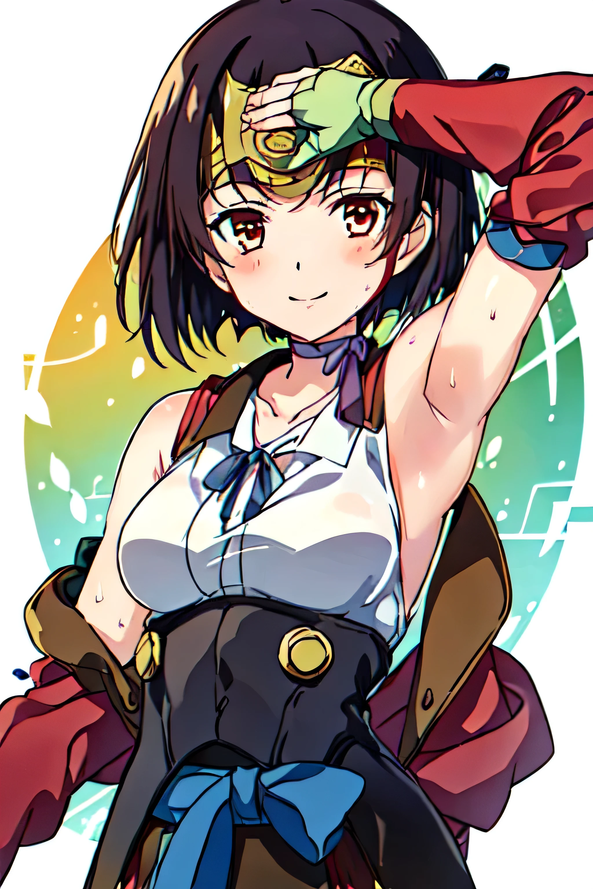 MUMEI_\(KABANERI\), bandages, (bandaged_leg), short_hair, breasts, ribbon_choker, choker, brown_eyes, brown_hair, bandaged_leg, japanese_clothes, (fingerless_gloves) ,red_eyes, corset, purple_ribbon, blue_bow, (leg_wrap), sash, 1girl, solo, upper body, facing viewer, looking at viewer, smile,armpits,armpit,sweat,sweaty,sweaty armpits,awesome armpits,tired,exhausted,sensual expression 