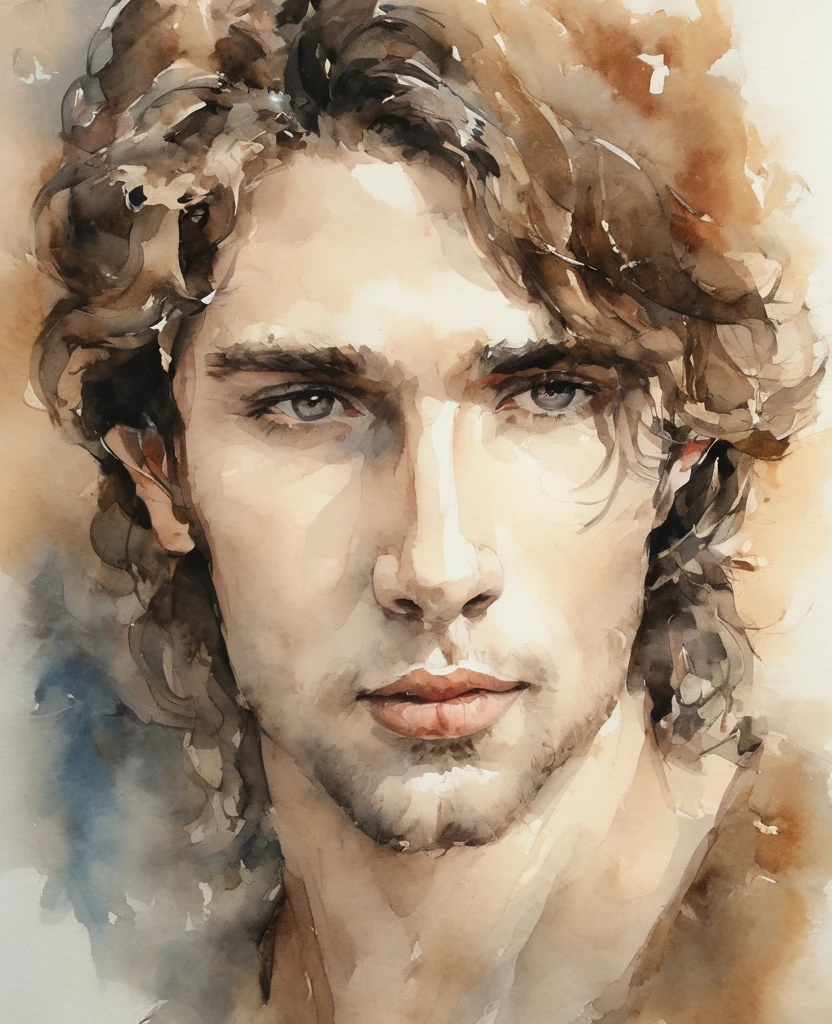 Male boy angel. Watercolor.brush ink. Italian male face.