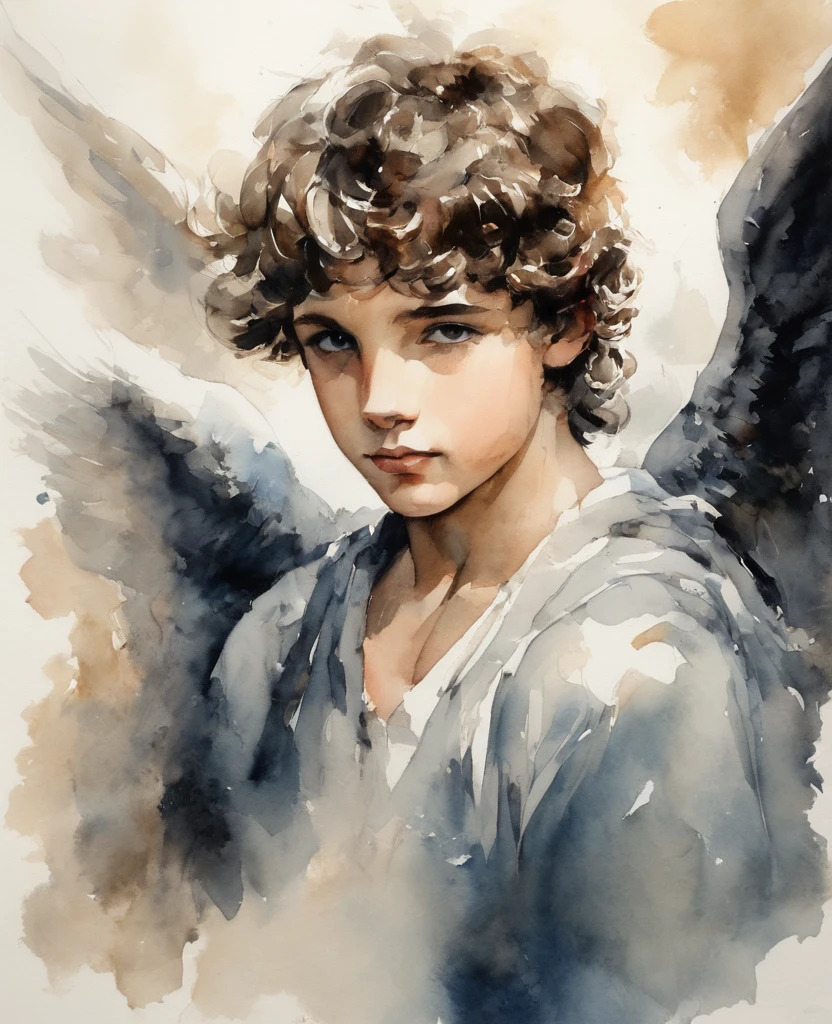 Male boy angel. Watercolor.brush ink. Italian male face.