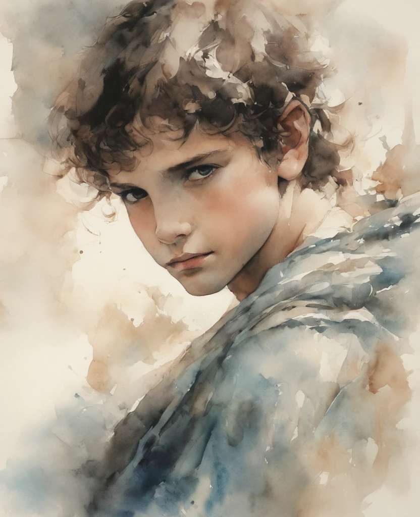 Male boy angel. Watercolor.brush ink. Italian male face.