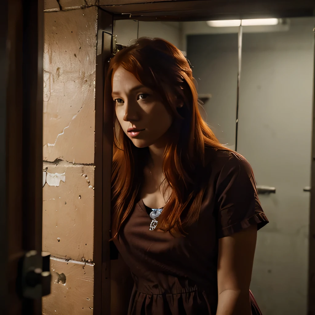 A beautiful red-haired girl in a dress is handcuffed behind prison bars, realist, 8K, mystery