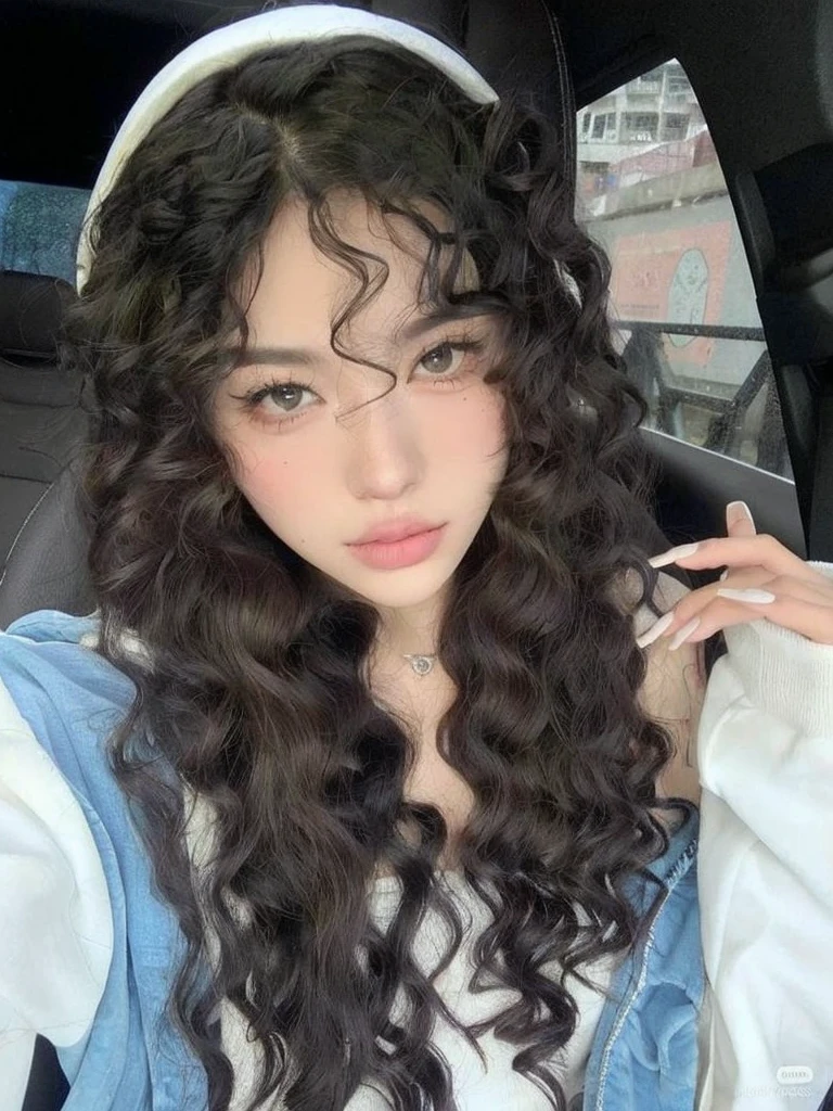 arafed woman with long curly hair wearing a headband and a denim jacket, curly middle part haircut, with long curly hair, curly bangs, white curly hair, curly, long messy curly hair, with long curly, long curly hair, curly long hair, curly dark hair, black long curly hair, curly haired, ulzzang, curly hair