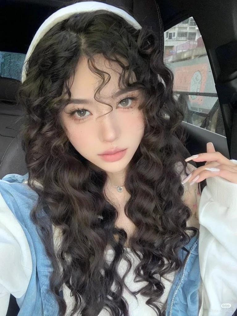 arafed woman with long curly hair wearing a headband and a denim jacket, curly middle part haircut, with long curly hair, curly bangs, white curly hair, curly, long messy curly hair, with long curly, long curly hair, curly long hair, curly dark hair, black long curly hair, curly haired, ulzzang, curly hair
