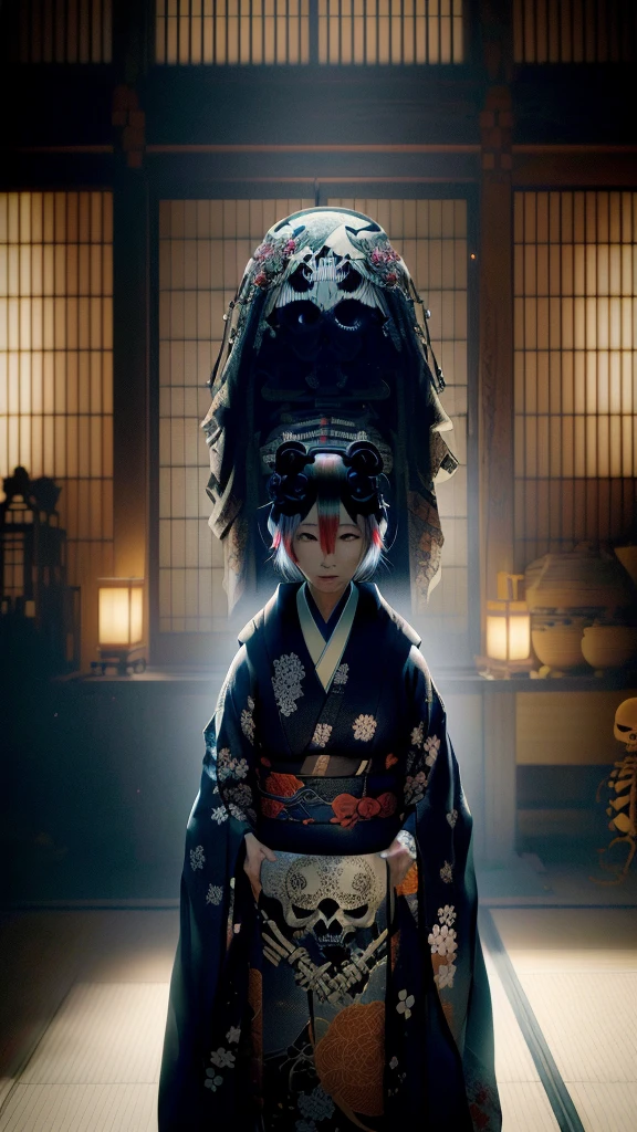 Image of a 50-year-old woman wearing a kimono with a skeleton face, akihiko yoshida. Unreal Engine, small character. Unreal Engine 5, 3d model of a japanese mascot, Anime movie KUBO, Pop Japonism 3d Ultra Detailed, Rendered in Corona, Inspired by Kano Naizen, Kubo and the Two Strings
