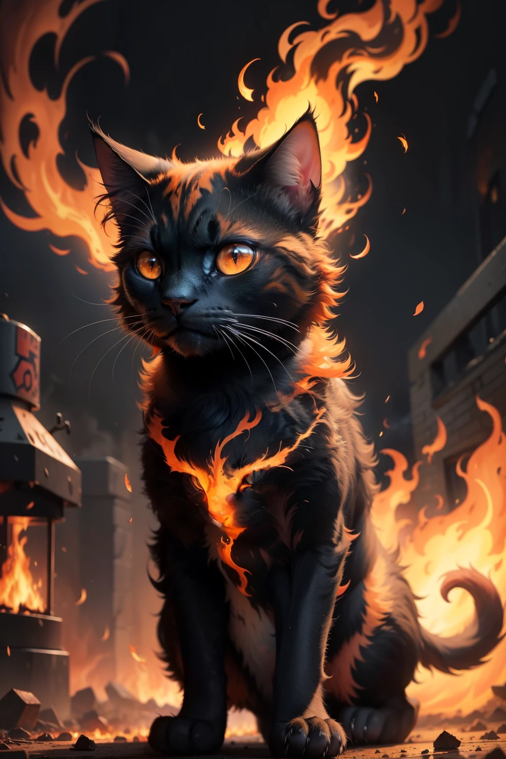 Fiery Feline in a Frenzied Assault
In the heart of the chaos, a spectacle unfolds. A burnished cat, engulfed by flames, unleashes a fierce assault. Its fur, usually soft and sleek, is now a blazing inferno, a testament to its ferocious energy. Eyes glowing like embers, this cat seems less a beast of the night, and more a creature born of the flames themselves. People around scamper, hearts pounding, as the cat, with every swipe of its paw and leap, unleashes a flurry of fiery sparks. A sight both terrifying and awe-in