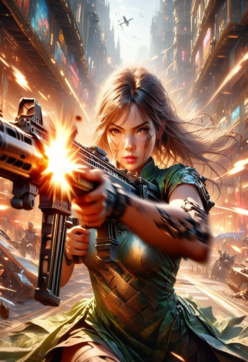 Cyborg woman in camouflage Chinese dress, (right arm transforms into a machine gun and fires at high speed: 1.7), (Motion Blur Effect: 1.5), Casino interior is in chaos, frenzy and destruction, (Highest Quality, 4k, 8k, High Resolution, Masterpiece: 1.2), Ultra-detailed, (Realistic, Photorealistic, Photorealistic: 1.37), Detailed facial features, Intricate dress pattern, Impressive pose, Dramatic lighting, Cinematic composition, Vibrant colors, Dystopian atmosphere