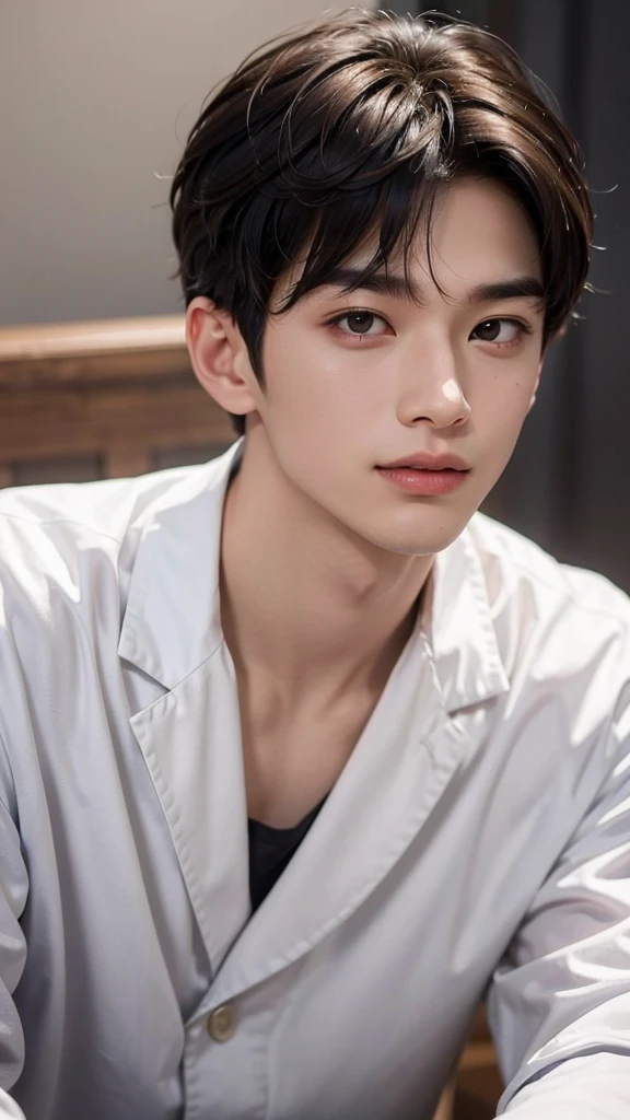 ((best quality)), (detailed), perfect face, 19-year-old man with a very attractive physique. He stands 180 cm tall, giving off a strong and dignified impression. His fair skin complements his clean and healthy appearance. His smile is incredibly beautiful, with neatly aligned teeth and symmetrical lips that mesmerize anyone who sees him. His hair is black, styled in a comma hair fashion featuring a curved bang resembling a comma, adding a modern and stylish flair to his look. Notably, there is a noticeable scar on the edge of his eyebrow if closely observed.