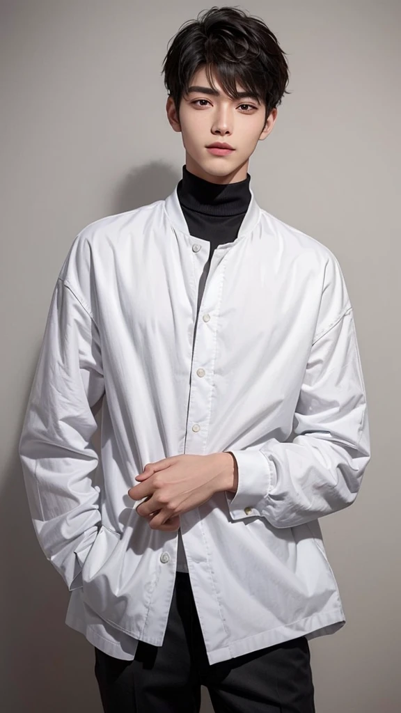 ((best quality)), (detailed), perfect face, 19-year-old man with a very attractive physique. He stands 180 cm tall, giving off a strong and dignified impression. His fair skin complements his clean and healthy appearance. His smile is incredibly beautiful, with neatly aligned teeth and symmetrical lips that mesmerize anyone who sees him. His hair is black, styled in a comma hair fashion featuring a curved bang resembling a comma, adding a modern and stylish flair to his look. Notably, there is a noticeable scar on the edge of his eyebrow if closely observed.