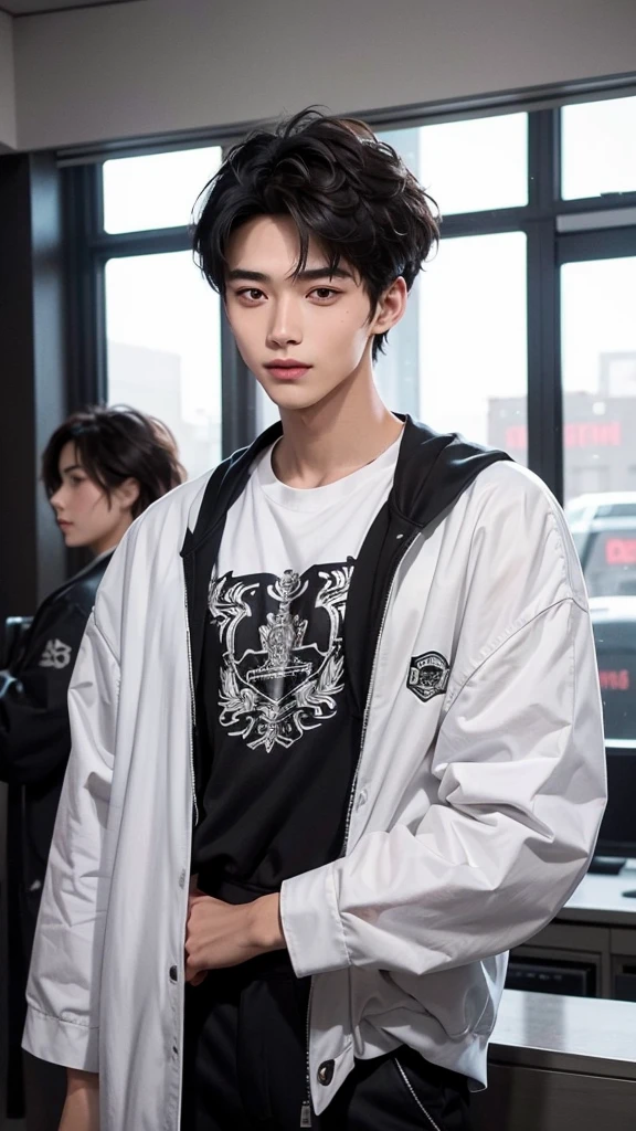 ((best quality)), (detailed), perfect face, 19-year-old man with a very attractive physique. He stands 180 cm tall, giving off a strong and dignified impression. His fair skin complements his clean and healthy appearance. His smile is incredibly beautiful, with neatly aligned teeth and symmetrical lips that mesmerize anyone who sees him. His hair is black, styled in a comma hair fashion featuring a curved bang resembling a comma, adding a modern and stylish flair to his look. Notably, there is a noticeable scar on the edge of his eyebrow if closely observed. 